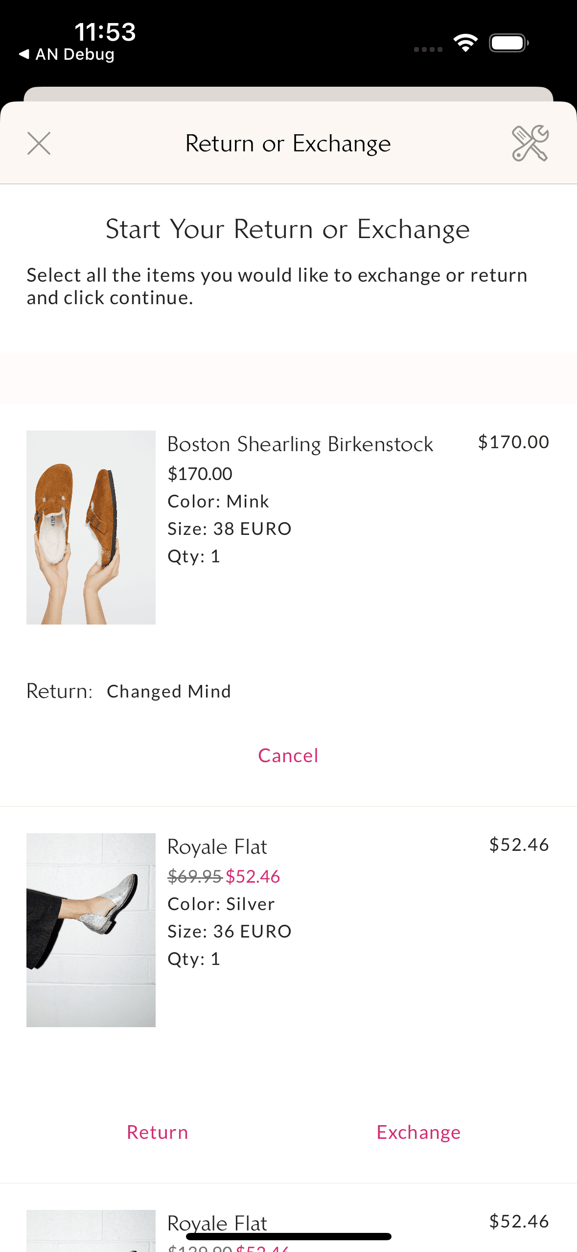 return and exchanges select product screenshot